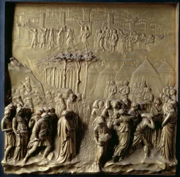 Historia Jozuego: Jozue poleca kapłanom przeprowadzić Izraelitów przez rzekę Jordan, a upadek Jerycha, jeden z dziesięciu paneli reliefowych Bramy Raju (drzwi wschodnie), 1425-52